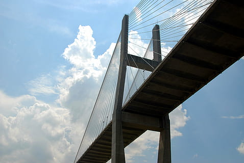 bridge span, bridge, structure, savannah, georgia, river, architecture, water, spanning, landscape, famous, landmark, outdoors, tourist, town, transportation, nature, construction, city, connection, steel, infrastructure, historic, sky, cloud - sky, low angle view, built structure, bridge - man made structure, engineering, day, suspension bridge, tourism, travel, travel destinations, sunlight, architectural column, overpass, multiple lane highway, 4K, CC0, public domain, royalty free