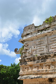 chichen, itza, mexico, sky, cloud - sky, low angle view, built structure, architecture, history, nature, day, ancient, the past, no people, travel destinations, religion, tourism, travel, solid, plant, place of worship, representation, ancient civilization, outdoors, archaeology, 2K, CC0, public domain, royalty free