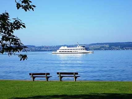 Excursion, Ship, Lake Constance, excursion ship, idyllic, nautical vessel, sea, sky, water, blue, travel destinations, nature, plant, mode of transportation, beauty in nature, transportation, day, no people, clear sky, seat, scenics - nature, tree, grass, travel, outdoors, sailboat, luxury, passenger craft, yacht, 4K, CC0, public domain, royalty free