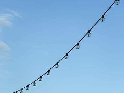 Lights, blue sky, bulb, light, Objects, sky, barbed Wire, blue, no People, hanging, safety, razor wire, protection, outdoors, day, chain, metal, nature, wire, security, clear sky, low angle view, fence, close-up, copy space, boundary, barrier, 4K, CC0, public domain, royalty free