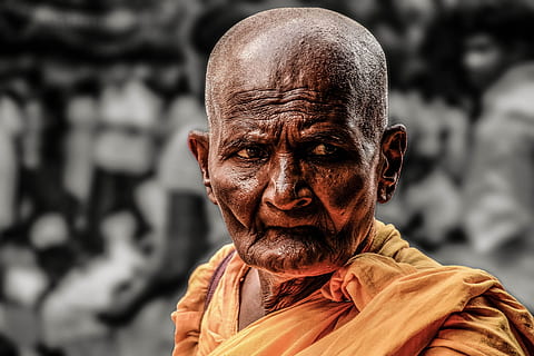 monk, yellow, robe, path, buddhist, old, religion, temple, prayer, faith, buddhism, buddha, thailand, way, historic, portrait, outdoor, adult, senior adult, one person, men, males, social issues, senior men, city, human body part, human face, lifestyles, body part, outdoors, 2K, CC0, public domain, royalty free