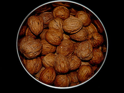 Walnut, Brown, Nuts, Food, Eat, black, food and drink, nut - food, large group of objects, studio shot, no people, nutshell, indoors, still life, nut, black background, wellbeing, healthy eating, freshness, bowl, directly above, close-up, abundance, group, snack, temptation, 4K, CC0, public domain, royalty free