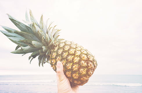person, holding, pineapple, front, sea, dessert, appetizer, fruit, juice, crop, beach, ocean, sand, waves, people, hand, one person, human body part, young adult, adult, adults only, one woman only, young women, tropical fruit, food and drink, human hand, food, healthy eating, wellbeing, freshness, unrecognizable person, body part, water, hairstyle, finger, 5K, CC0, public domain, royalty free