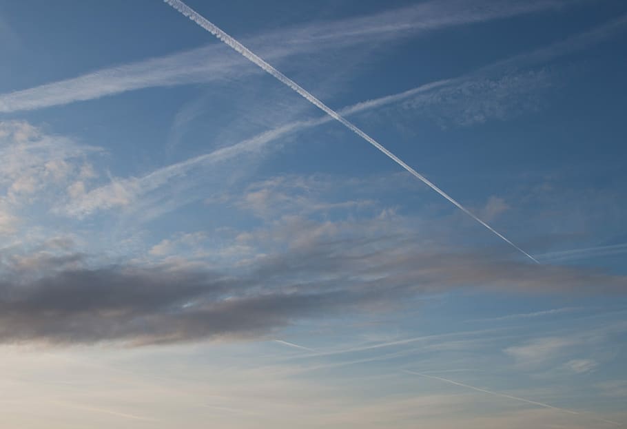 núvols, avió, cel, blau, núvols de cel blau, horitzó, temps, Cúmulus, núvols de cel, cel blau, aire, cels, a l'aire lliure, color, dia, cirrus, clar, netejar, naturalesa, estiu, pluja, sol, llum, blanc, escena, pista de vapor, contrail, bellesa a la natura, escenics, núvol - cel, cap gent, vista d’angle baix, vehicle aeri, moviment, volant, còpia espai, fons, transport, tranquil·litat, escenics - natura, 4K