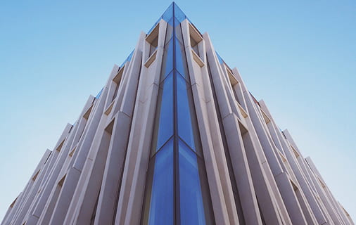 worm, eye view, white, blue, building, high, rise, architecture, structure, skyscraper, sky, low angle view, built structure, building exterior, window, office building exterior, facade, corporate business, clear sky, no people, city, day, modern, nature, tower, outdoors, sunlight, office, tall - high, glass - material, directly below, 2K