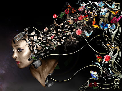 mujer, cabeza, mariposas, flor, desvanecimiento, papel pintado, mente, hermoso, mariposa, adentro, Arte y artesanía, una persona, disparo a la cabeza, adulto medio, foto de estudio, fondo negro, creatividad, retrato, mujeres de mediana edad, planta, hembras, maquillaje, adulto, adulto joven, de cerca, Moda, pelo, peinado, mujer hermosa, patrón floral, 4K, CC0, dominio público, libre de derechos