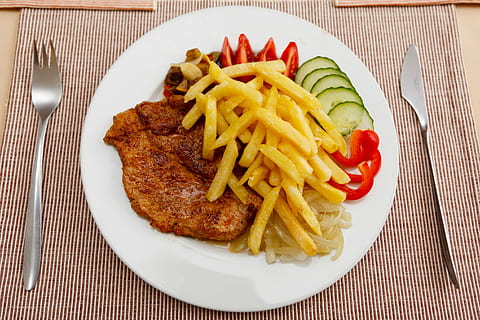 french, fries, fried, meat, cucumber, slice chili, photo, fried potatoes, sliced, cucumbers, tomatoes, cooked, white, ceramic plate, stainless steel, fork, knife, beef, chips, diet, dinner, dish, eat, food, fry, lunch, meal, plate, pork, restaurant, roast, roasted, steak, vegetable, food and drink, prepared potato, no people, ready-to-eat, fast food, freshness, unhealthy eating, french fries, potato, table, indoors, close-up, still life, serving size, temptation, snack, 4K, CC0, public domain, royalty free