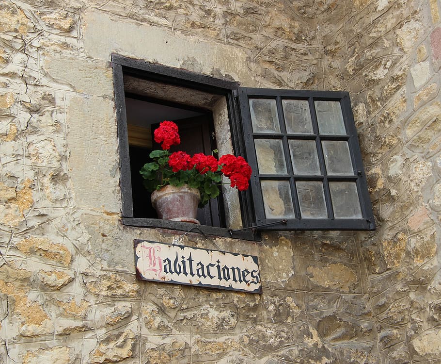 finestra, vaso di fiori, alloggio, scudo, natura morta, muro di pietra naturale, geranio, architettura, testo, esterno dell'edificio, giorno, fiore, comunicazione, sceneggiatura occidentale, pianta, pianta fiorita, struttura costruita, nessuno, costruzione, cartello, pianta in vaso, informazione, caratteristica della parete, all'aperto, Inquadratura dal basso, natura, muro di pietra, Messaggio, 4K