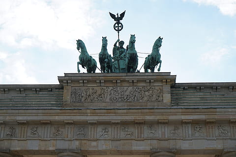 berlin, hell, germany, sculpture, art and craft, statue, representation, architecture, sky, human representation, the past, history, built structure, travel destinations, city, low angle view, building exterior, city gate, livestock, day, craft, tourism, no people, outdoors, architectural column, ornate, 5K, CC0, public domain, royalty free