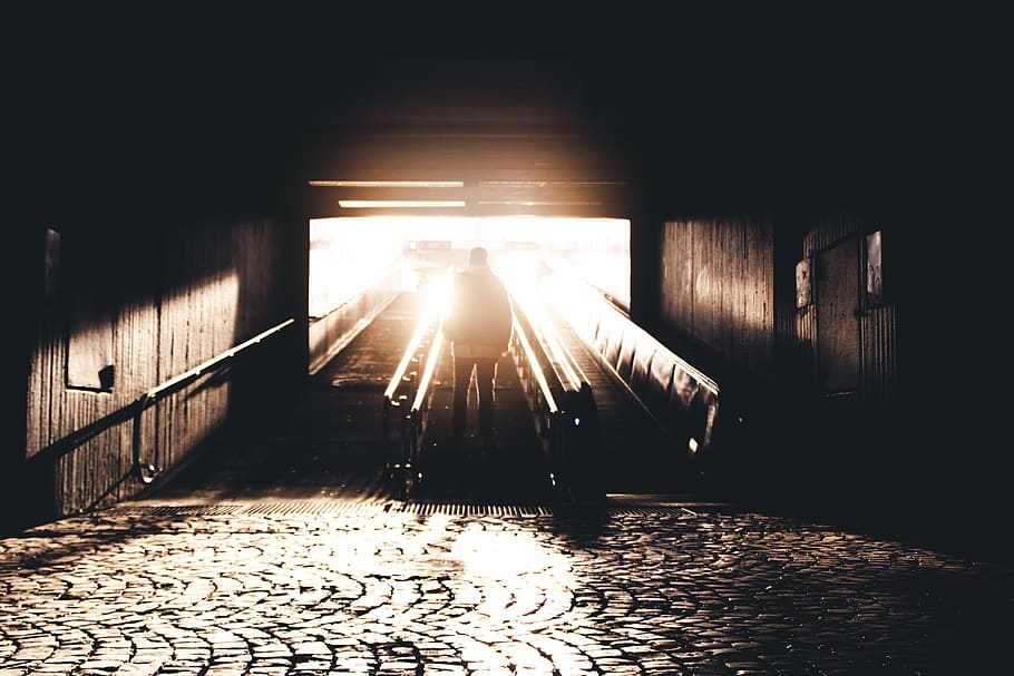 silhouette, uomo, in piedi, scala, rotaie, costruzione, giorno, nero di seppia, foto, persona, le scale, luce, ombra, scala mobile, metropolitana, buio, notte, all'aperto, nessuno, acqua, illuminato, in casa, architettura, struttura costruita, la strada davanti, direzione, ciottolo, luce del sole, natura, mezzi di trasporto, attrezzatura per l'illuminazione, strada, sentiero, assenza, città, riflessione, riflesso lente, pavimentazione in pietra, 5K