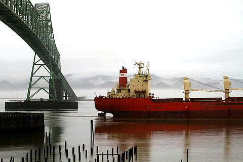 red, white, boat, grey, metal bridge, cloudy, day, ship, body, water, daytime, bridge, structure, infrastructure, architecture, fog, mountain, sea, ocean, transportation, nautical vessel, freight transportation, shipping, harbor, cargo container, industry, commercial dock, sky, built structure, nature, mode of transportation, connection, waterfront, bridge - man made structure, river, no people, outdoors, 1080P, CC0, public domain, royalty free