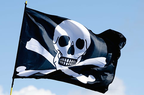 close-up photo, pirate flag, flag, pole, isolated, human bone, territorial, cut out, community, symbol, jolly roger, caribbean culture, clipping path, fabric, waving, wind, skull, warning sign, banner, bone, human skeleton, sky, no people, nature, blue, skeleton, motion, white color, outdoors, patriotism, fear, celebration, warning symbol, 1080P, CC0, public domain, royalty free