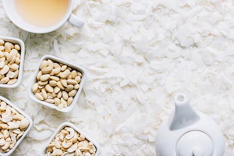 tea, coconut flakes, Nuts, coconut, flakes, almonds, teapot, food, cookie, flour, baking, homemade, dough, pastry, bakery, dessert, baked, food And Drink, cooking, cake, snack, table, close-up, breakfast, sweet Food, no people, drink, freshness, still life, indoors, wellbeing, healthy eating, high angle view, white color, refreshment, milk, dairy product, container, bowl, cup, crockery, 5K, CC0, public domain, royalty free