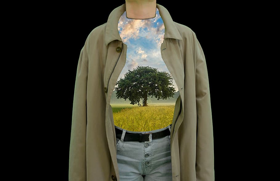 arbre, créixer, més íntim, en viu, arbre de la vida, viu, tot creix en nosaltres, creixement, ventre, pit, abric, naturalesa, verd, crescut, planta, concepte, en mi, als EUA, en tu, roba, moda, una persona, vista frontal, tir de l'estudi, fons negre, secció mitjana, part del cos humà, de peu, adult, a l'interior, celebració, roba casual, estils de vida, homes, dones, part del cos, 4K
