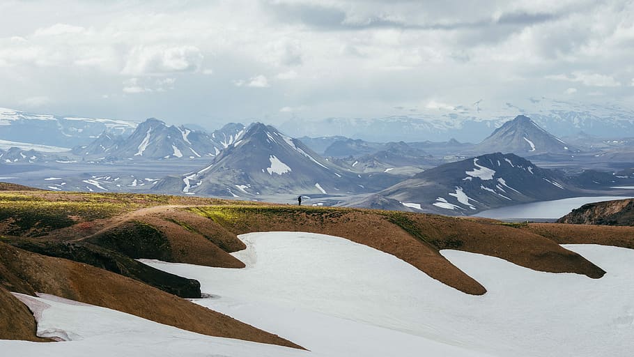 shallow, focus photography, brown, white, mountain, person, standing, pathway, snow, cloud, rock, ridge, peak, man, hiker, explorer, winderness, landscape, lake, travel, environment, cold temperature, winter, scenics - nature, mountain range, beauty in nature, sky, cloud - sky, snowcapped mountain, nature, water, tranquil scene, tranquility, travel destinations, ice, no people, outdoors, mountain peak, 5K
