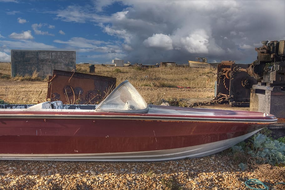 old, abandoned, speed boat, sits, shingle beach, Dungeness, Kent, England, various, beach, boat, coast, nautical Vessel, transportation, cloud - sky, sky, outdoors, day, mode of transportation, water, nature, architecture, no people, land, moored, building exterior, vintage car, car, damaged, deterioration, ruined, 2K
