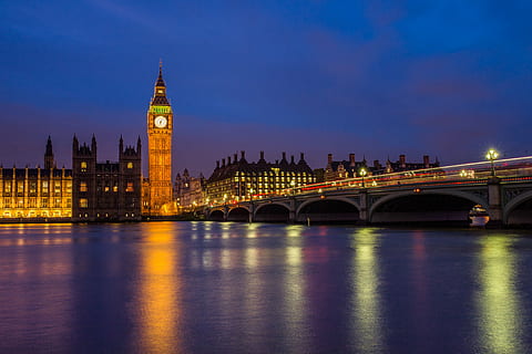 Big Ben, híd, város, óratorony, London, éjszaka, visszaverődés, folyó, ég, Westminster, építészet, épített szerkezet, híd - ember által készített szerkezet, épület külső, kapcsolat, torony, megvilágított, épület, utazási célpontok, víz, szürkület, kormány, nem ember, ívhíd, szabadban, városkép, óra, 5K, CC0, közkincs, jogdíjmentes