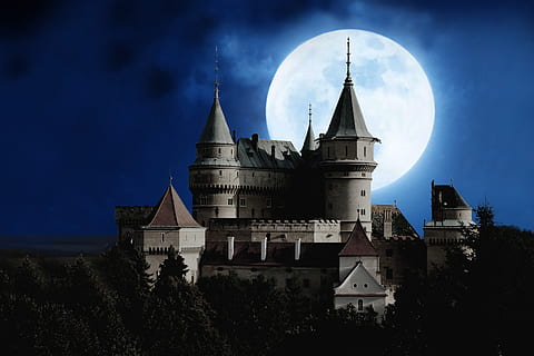 sky, night, clouds, dark, architecture, building, castle, evening, fortification, full moon, moon, moonlight, outdoors, tower, trees, building exterior, built structure, religion, nature, place of worship, belief, travel destinations, no people, spirituality, the past, tree, plant, history, spire, astronomy, gothic style, 2K, CC0, public domain, royalty free