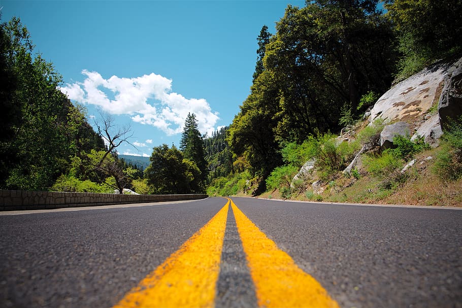 núvols, blau, cel, verd, herba, arbres, plantes, naturalesa, paisatge, carretera, viatjar, arbre, direcció, marcatge de carreteres, símbol, el camí a seguir, marcatge, transport, planta, perspectiva decreixent, signe, doble línia groga, cap gent, carretera buida, asfalt, punt de fuga, dia, nivell superficial, línia divisòria, a l'aire lliure, llarg, 4K