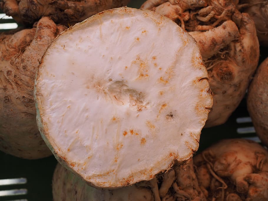 api, verdures, saludable, vitamines, celeriac, nap, tubercle, tallar a la meitat, adreçat, rodanxes, menjar i beguda, menjar, frescor, natura morta, benestar, alimentació saludable, primer pla, cap gent, vegetals, mercat, a la venda, centrar-se en primer pla, Paradeta, venda al detall, dia, a l'interior, aliments crus, vista d’angle alt, detall, 4K