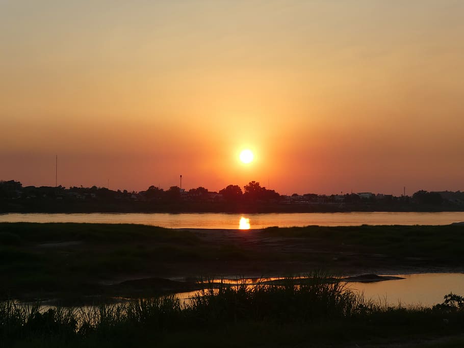 západ slunce, Laos, krajina, řeka, voda, Asie, řeka mekong, nebe, jihovýchodní, moře, abendstimmung, nálada, Příroda, scenics - příroda, krása v přírodě, slunce, klid, klidné scény, oranžová barva, jezero, silueta, odraz, nikdo, idylický, mimoměstské scény, slunečního světla, životní prostředí, venku, romantické nebe, 4K