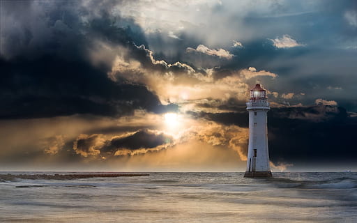 farol, corpo, agua, por do sol, corpo de água, brilho, tarde, nuvens, oceano, mar, horizonte, distante, atmosférico, Trevas, leve, Raios, fotografia noturna, Sombrio, composição, clima, romântico, baliza, tempestade, nuvem - céu, céu, litoral, perigo, sinal de aviso, torre, ninguém, natureza, equipamento de iluminação, de praia, horizonte sobre a água, orientação, direção, arquitetura, estrutura construída, exterior do edifício, construção, scenics - natureza, segurança, protecção, ao ar livre, 1080P, CC0, domínio público, royalty free