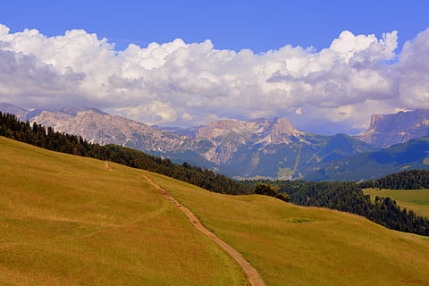 prato, dolomity, nebe, mraky, stromy, les, hora, životní prostředí, scenics - příroda, krajina, pohoří, krása v přírodě, Příroda, přistát, silnice, rostlina, klidné scény, klid, mrak - nebe, nikdo, tráva, mimoměstské scény, strom, cestovat, den, venku, horský vrchol, zasněžené hory, 5K, CC0, veřejná doména, bez autorských práv