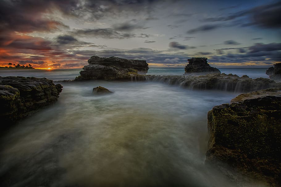 naturskøn, udsigt, ocean, solnedgang, strand, skyer, daggry, skumring, miljø, idyllisk, landskab, mos, natur, Oceanshore, Oceanside, udendørs, fredelig, klipper, marinemaleri, kysten, havet, kyst, himmel, sten, solopgang, surf, rolig, rejse, vand, scenics - natur, rock-objekt, klippe, hav, solid, skønhed i naturen, sky - himmel, lang eksponering, ro, bevægelse, jord, rolig scene, ingen mennesker, 5K