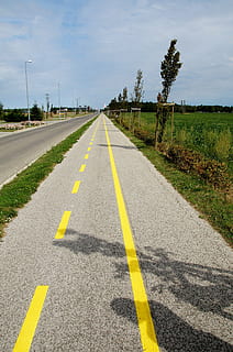 fietspad, pad, in lijn, skates, ronde, weg, asfalt, landelijke scène, natuur, vervoer, wegmarkering, de weg vooruit, richting, het merken, teken, symbool, hemel, perspectief verminderen, fabriek, verdwijnpunt, geen mensen, landweg, dag, land, geel, lege weg, landschap, dubbele gele lijn, scheidingslijn, buitenshuis, oppervlakteniveau, recht, lang, 2K, CC0, publiek domein, royaltyvrij