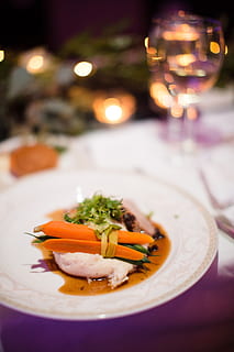fine dining, table setting, dinner, food and drink, food, plate, healthy eating, ready-to-eat, freshness, wellbeing, table, vegetable, close-up, restaurant, focus on foreground, meal, serving size, carrot, root vegetable, no people, indoors, glass, seafood, herb, garnish, crockery, japanese food, setting, temptation, 4K, CC0, public domain, royalty free
