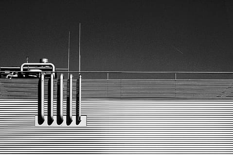 grayscale photo, building, pipes, architecture, structure, pipe, illustration, black And White, copy space, no people, metal, safety, protection, security, communication, wall - building feature, close-up, day, built structure, outdoors, low angle view, sign, railing, nature, pattern, surveillance, 4K, CC0, public domain, royalty free