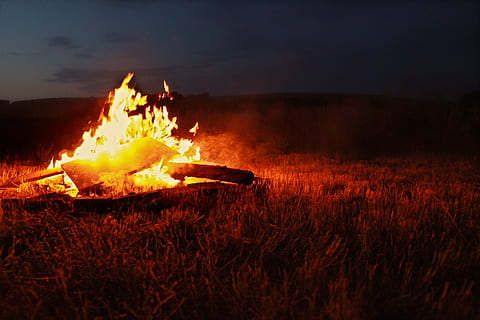 Fire, Bonfire, Flame, Hot, Burn, campfire, warm, night, wood, sky, camp, firewood, heat, dark, log, evening, summer, camping, burning, heat - temperature, destruction, outdoors, fire - natural phenomenon, nature, grass, land, cloud - sky, no people, field, motion, plant, landscape, environment, 4K, CC0, public domain, royalty free