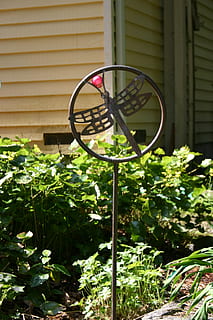 dragonfly, påske, vår, ferie, natur, hage, dekorasjon, egg, arkitektur, bygge eksteriør, bygget struktur, anlegg, dag, utendørs, foran eller bakgård, ingen folk, vekst, grønn farge, plante del, blad, metall, nærbilde, sollys, bygning, hus, friskhet, fokusere på forgrunnen, hageslange, hjul, 2K, CC0, offentlig domene, opphavsrett gratis