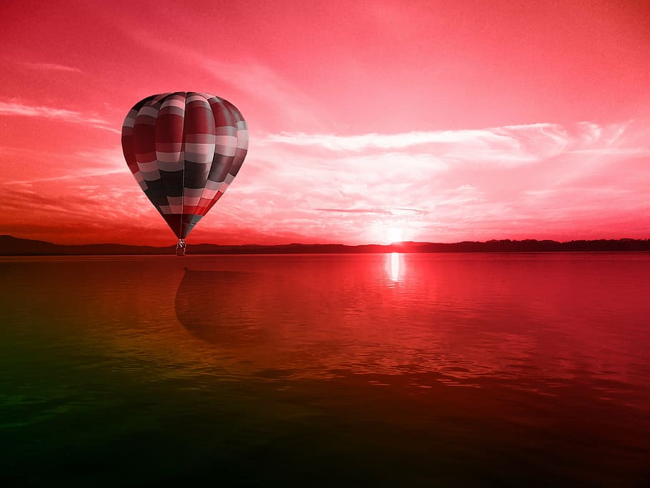 heiß, Luftballon, schwimmend, Wasser, Ballon, rot, beschädigen, Sonnenuntergang, romantisch, Landschaft, Ozean, Reflexion, wolke - himmel, Himmel, draußen, ruhige Szene, Silhouette, Meer, Szenen - Natur, Schönheit in der Natur, Natur, Heißluftballon, Ruhe, fliegend, Ufergegend, Horizont, keine Leute, in der Luft, Horizont über Wasser, 4K