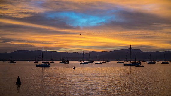 sunset, nature, sky, darwin, sunset sky, horizon, tropical, australia, orange, twilight, ocean, water, nautical vessel, transportation, cloud - sky, mode of transportation, sea, sailboat, beauty in nature, no people, moored, mountain, scenics - nature, tranquility, harbor, mast, tranquil scene, outdoors, yacht, marina, 1080P, CC0, public domain, royalty free