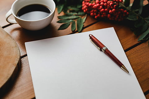 red, rowan fruit, coffee, white, sheet, paper, rowan, fruit, sheet of paper, table, pen, blank, page, writing, wood - Material, cup, desk, no People, note Pad, business, diary, indoors, food and drink, drink, mug, coffee cup, refreshment, high angle view, coffee - drink, still life, freshness, food, tea, publication, tea cup, fountain pen, 5K, CC0, public domain, royalty free