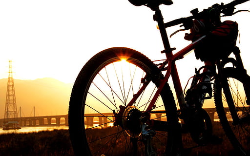 rød, hardtail mountainbike, parkeret, græsfelt, gylden, time, solnedgang, sol, jiang, flod, cykel, transportmidler, himmel, transportform, hjul, land køretøj, natur, ingen mennesker, silhuet, skyfri himmel, udendørs, sollys, stationær, rejse, dæk, tæt på, talte, Mark, 1080P, CC0, offentligt domæne, royaltyfrie