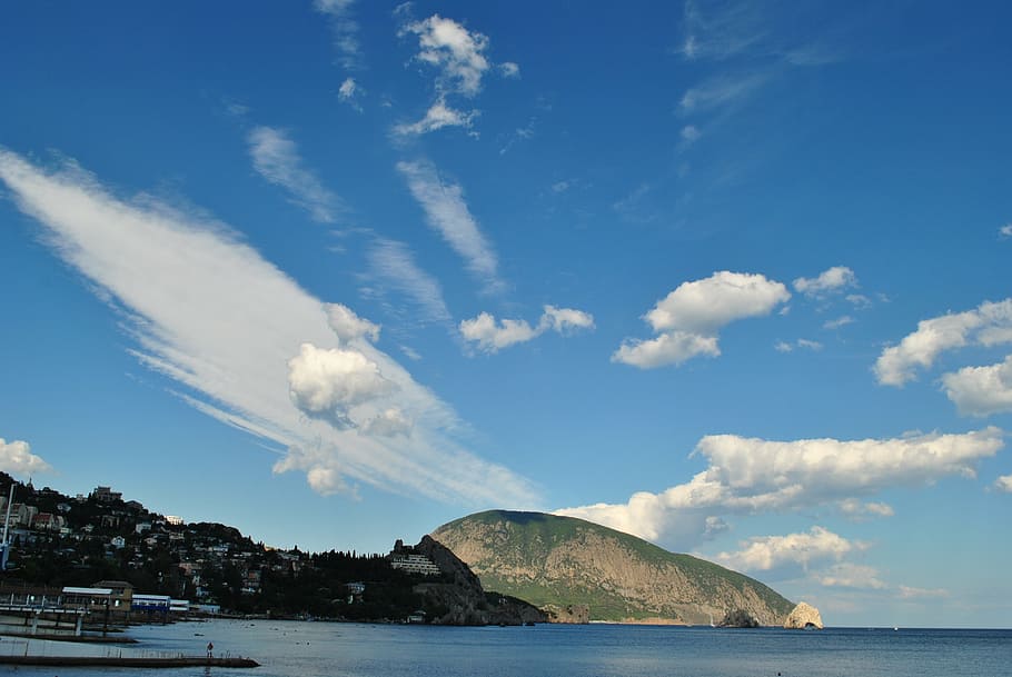 nuvole, orso di montagna, Crimea, mare, natura, costa, estate, spiaggia, Paesaggi, blu, cielo, acqua, nuvola - cielo, bellezza nella natura, scenics - natura, giorno, montagna, scena tranquilla, nessuno, la tranquillità, terra, all'aperto, lungomare, idilliaco, nave nautica, destinazioni di viaggio, baia, yacht, 4K