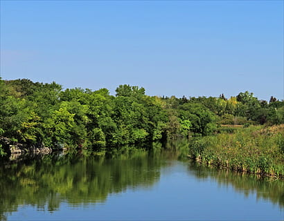 aigua, arbres, reflexió, riu, rierol, naturalesa, paisatge, blau, verd, escènic, medi ambient, parc, estiu, Canadà, arbre, planta, cel, llac, bellesa a la natura, escenics - natura, tranquil·litat, escena tranquil·la, cel clar, cap gent, dia, davant del mar, color verd, creixement, escena no urbana, a l'aire lliure, 2K, CC0, domini públic, lliure de regalies