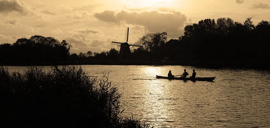 dos, gent, vaixell, aigua, riu, corrent, molí, riekermolen, remador, remers, canoa, silueta, tarda, sèpia, amstel, amsteldijk, buitenveldert-oost, amsterdam, Països Baixos, cel, vaixell nàutic, arbre, transport, naturalesa, planta, posta de sol, manera de transport, núvol - cel, dues persones, bellesa a la natura, homes, reflexió, rem, a l'aire lliure, barca de rems, 4K