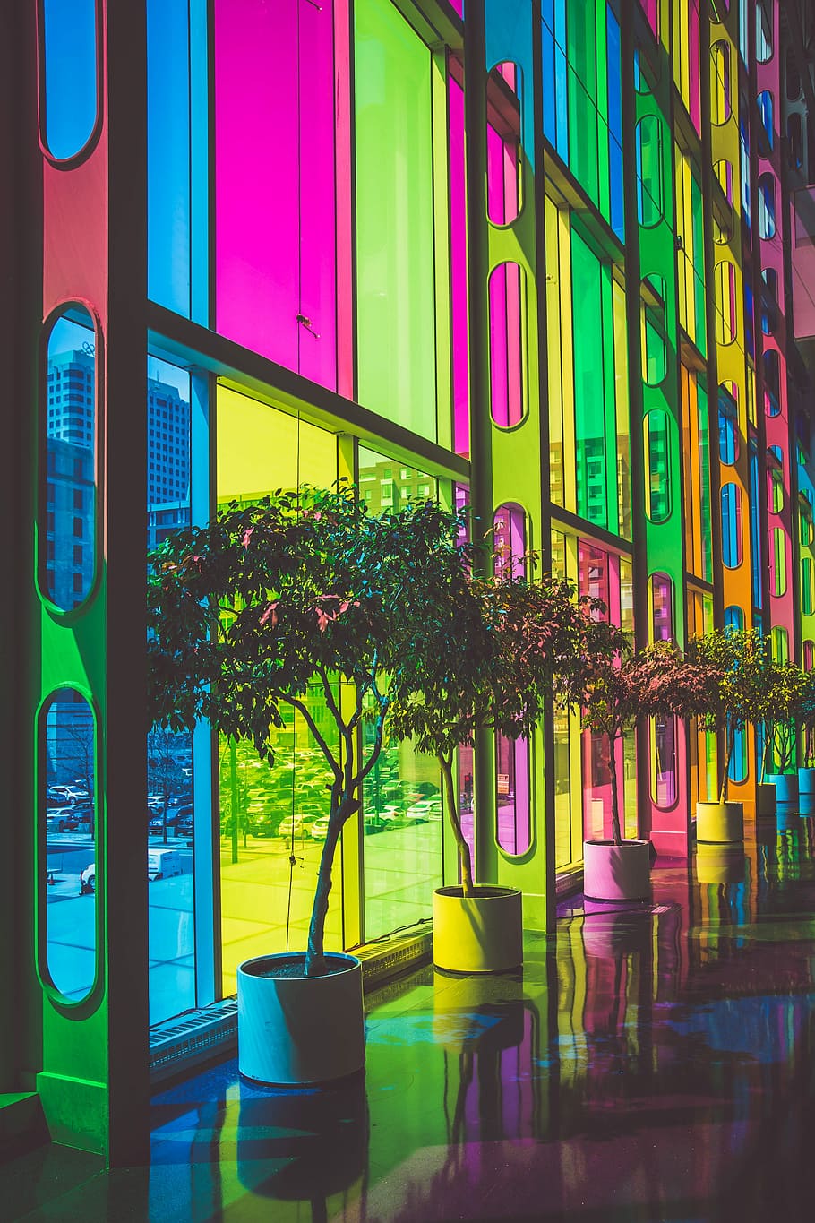 arc de Sant Martí, de colors, paret de vidre, vidre de colors, arquitectura, finestra, nit, escena urbana, reflexió, modern, vidre - material, negocis, blau, a l'interior, exterior de l'edifici, cap gent, multicolor, planta, estructura construïda, color rosa, ciutat, edifici, il·luminat, planta en test, transparent, decoració, a l'aire lliure, naturalesa, vidre, porpra, vida nocturna, 4K