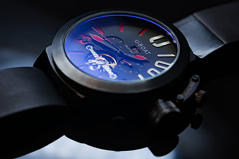 round, black, u-boat chronograph, watch, 1: 42, clock, time, hand, chronograph, duration, marker, nil, minute, jewelry, luxury, precision, hour, instrument, mechanism, meter, moment, sign, timepiece, resistance, measurement, elegant, elegance, circle, dial, second, number, metal, stainless, steel, wrist, wristwatch, analog, date, modern, red, gold, rubber, sapphire, close-up, indoors, studio shot, accuracy, speedometer, no people, single object, gauge, speed, blue, meter - instrument of measurement, control, selective focus, black background, motor vehicle, minute hand, clock face, 4K, CC0, public domain, royalty free