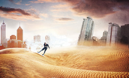 surfen, grafiek, denkbeeldig, stad, stedelijke skyline, wolkenkrabber, stadsgezicht, een man alleen, volwassen, een persoon, architectuur, zand, land-, landschap, hemel, natuur, ingebouwde structuur, buitenkant van het gebouw, wolk - lucht, beweging, gebouw, volledige lengte, reisbestemmingen, woestijn, sport, dag, kantoorgebouw buitenkant, digitale composiet, 1080P, CC0, publiek domein, royaltyvrij
