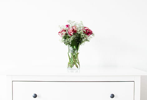 pink, white, floral, bundle, vase, wooden, dresser, flora, flowers, flower, wood - Material, decoration, bouquet, indoors, decor, domestic Room, no People, furniture, white color, close-up, flowering plant, plant, flower arrangement, nature, freshness, flower head, arrangement, fragility, vulnerability, table, copy space, beauty in nature, rose, bunch of flowers, 5K, CC0, public domain, royalty free