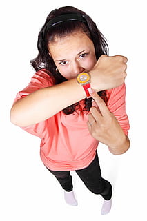 woman, wearing, pink, top, pointing, watch, appointment, clock, countdown, deadline, delay, hands, late, object, point, time, girl, young, white Background, people, one Person, women, females, studio Shot, full Length, cut Out, adult, isolated, front view, childhood, indoors, child, casual clothing, girls, portrait, looking at camera, holding, emotion, cute, innocence, hairstyle, 4K, CC0, public domain, royalty free