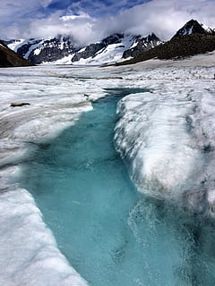 ghiacciaio, fiume, tranquillo, freddo, natura selvaggia, glaciale, fusione, pulito, temperatura fredda, ghiaccio, acqua, scenics - natura, inverno, bellezza nella natura, ambiente, paesaggio, la neve, montagna, congelato, natura, scena tranquilla, la tranquillità, giorno, nessuno, cielo, all'aperto, purezza, color turchese, potere in natura, montagna innevata, 2K, CC0, dominio pubblico, privo di copyright