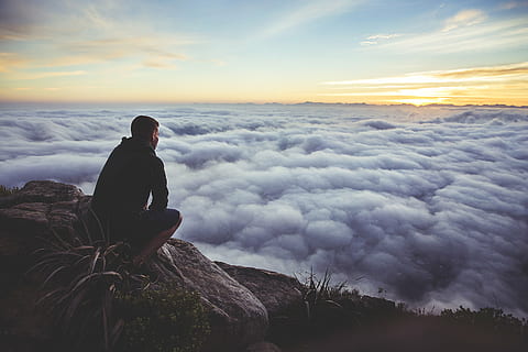 man, sitting, rock, facing, cloudy, daytime, top, mountain, sunset, sky, clouds, guy, looking, rocks, people, cloud - sky, one person, scenics, nature, solitude, beauty in nature, outdoors, tranquil scene, scenics - nature, leisure activity, lifestyles, real people, rock - object, solid, tranquility, non-urban scene, idyllic, men, looking at view, 2K