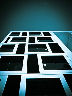 Architecture, Modern, Building, skyscraper, bluish, facade, düsseldorf, low angle shot, blue, three-dimensional Shape, window, building exterior, city, backgrounds, built structure, low angle view, no people, sky, clear sky, nature, geometric shape, day, outdoors, pattern, office building exterior, glass - material, copy space, blue background, apartment, 2K, CC0, public domain, royalty free