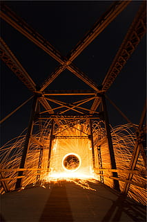 steel wool photography, light, bridge, nighttime, brown, steel, frame, architecture, night, lights, dark, bridge - man made structure, built structure, long exposure, illuminated, outdoors, girder, no people, sky, connection, transportation, nature, the way forward, motion, direction, wire wool, diminishing perspective, metal, tunnel, glowing, ceiling, 1080P, CC0, public domain, royalty free