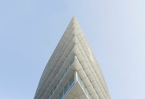 white, building, daytime, structure, sky, clouds, infrastructure, window, establishment, hotel, city, urban, architecture, glass, blue, triangle shape, clear sky, built structure, day, no people, modern, outdoors, building exterior, low angle view, shape, nature, design, pattern, copy space, white color, geometric shape, office building exterior, skyscraper, 5K, CC0, public domain, royalty free